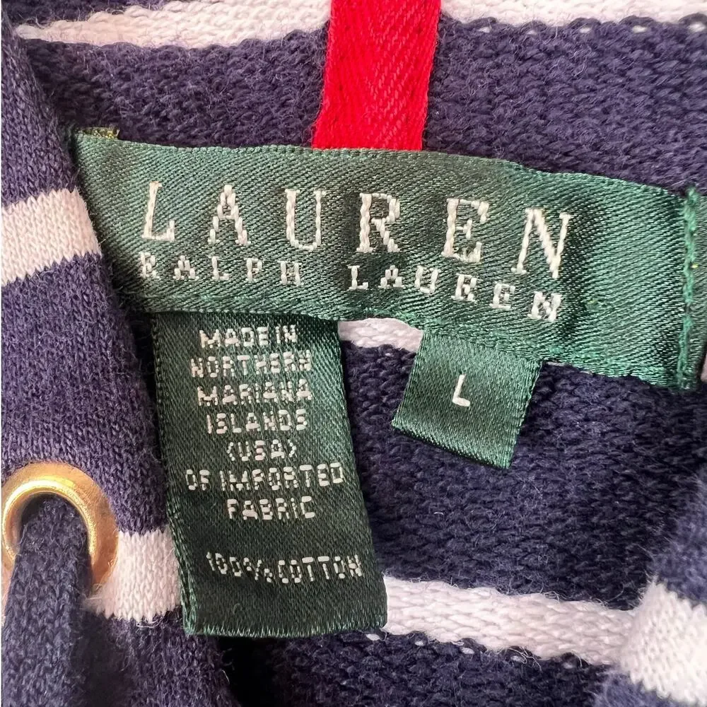 Lauren Ralph Lauren Navy Stripe Half Zip Hoodie Pullover Sweatshirt - L - Picture 3 of 10